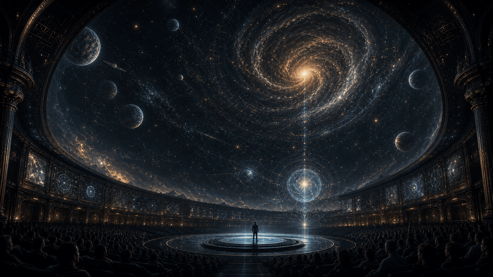 Fulldome theater world with galaxies and 360 degree visual design