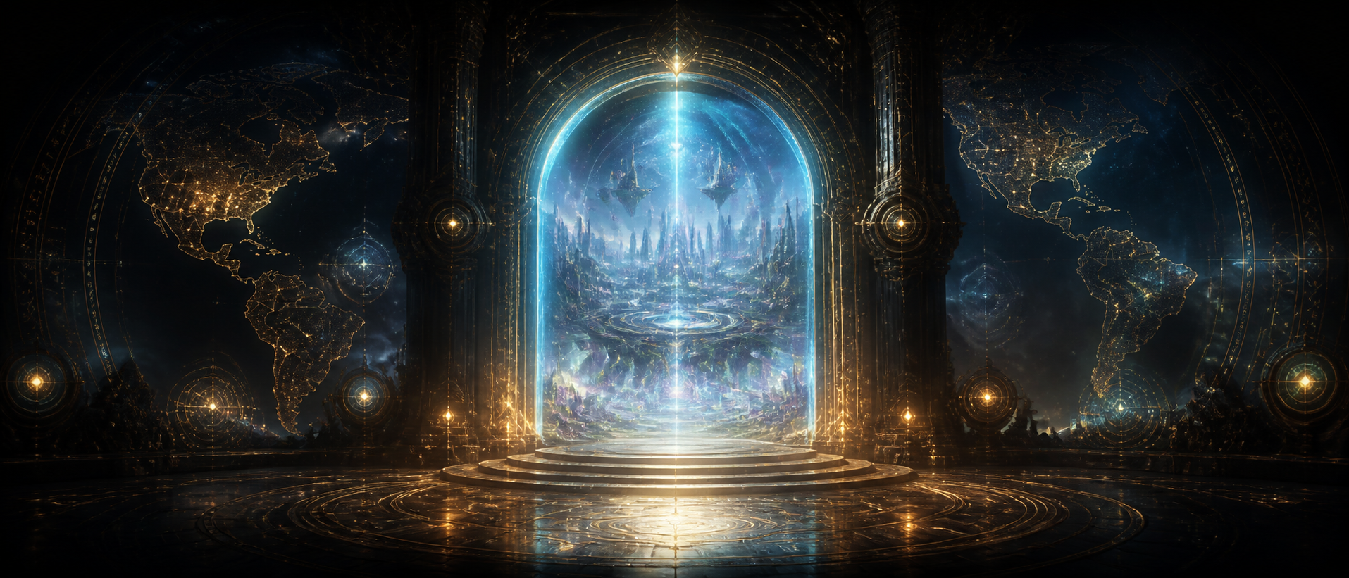 Arcanum.Live portal — a figure walks through a luminous cosmic doorway